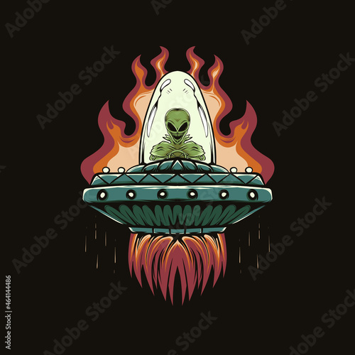 illustration of alien head and ufo with fire for t-shirt design and print