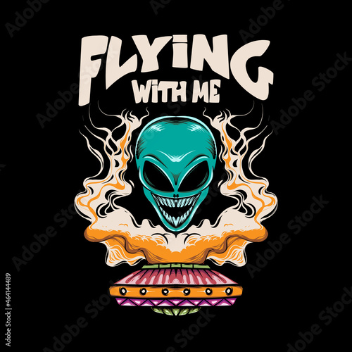 illustration of alien head and ufo with smoke for t-shirt design and print