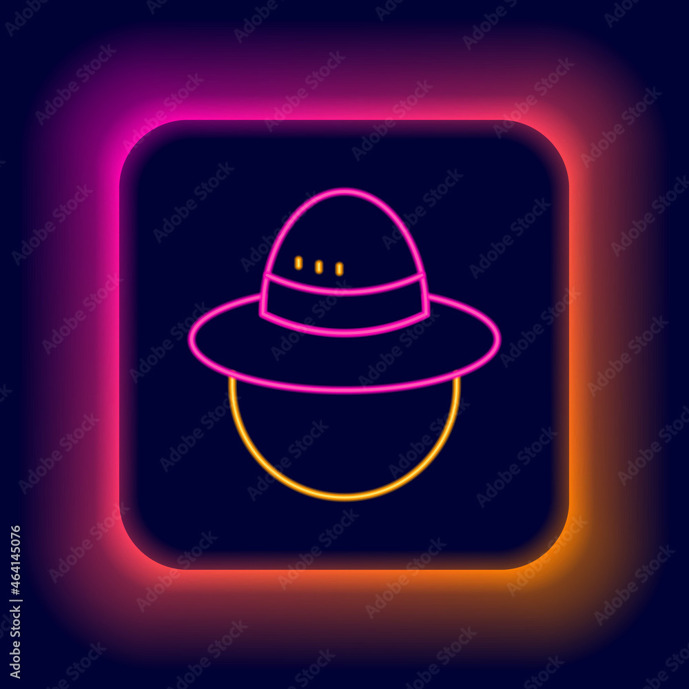 Glowing neon line Camping hat icon isolated on black background. Beach hat panama. Explorer travelers hat for hunting, hiking, tourism. Colorful outline concept. Vector Glowing neon line Camping hat icon isolated on black background. Beach hat panama. Explorer travelers hat for hunting, hiking, tourism. Colorful outline concept. Vector