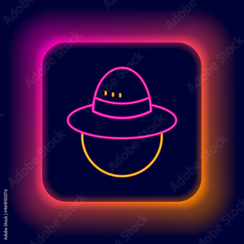 Glowing neon line Camping hat icon isolated on black background. Beach hat panama. Explorer travelers hat for hunting, hiking, tourism. Colorful outline concept. Vector