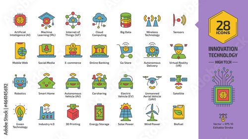 Innovation technology color outline icon set with technology digital smart future business and eco friendly editable stroke line symbols: AI, ML, IoT, sensors, mobile web, cloud computing, big data.