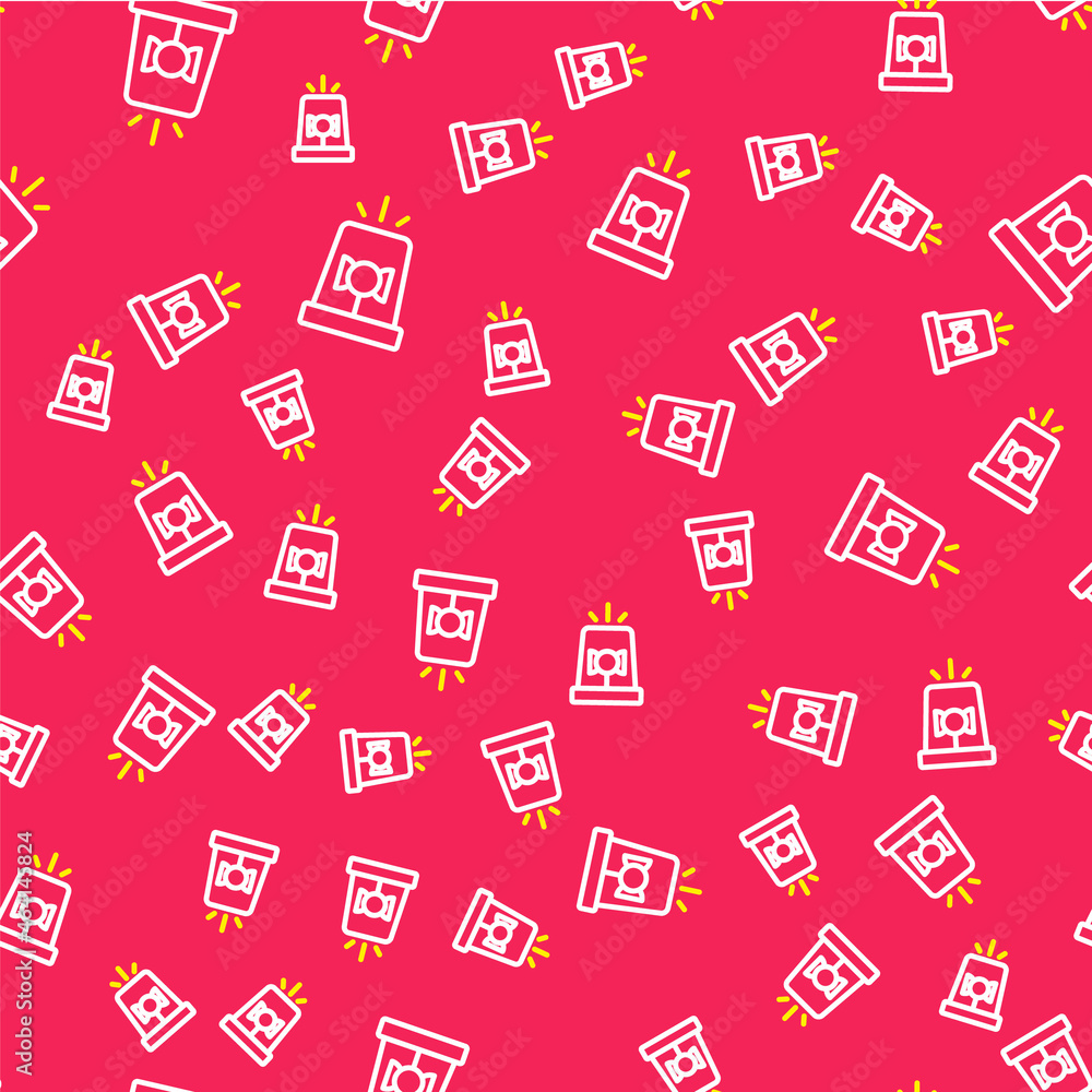 Line Flasher siren icon isolated seamless pattern on red background. Emergency flashing siren. Vector Line Flasher siren icon isolated seamless pattern on red background. Emergency flashing siren. Vector
