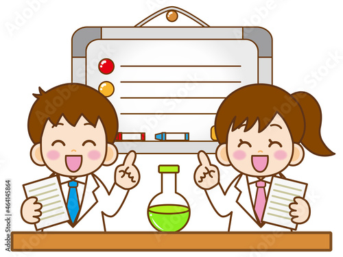笑顔で実験の説明をする男女＿ベクター