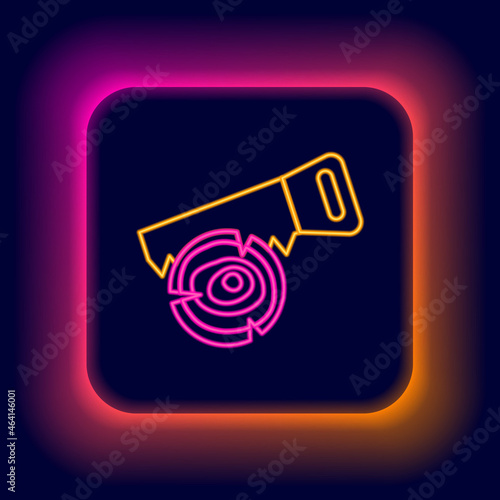 Glowing neon line Hand saw and log icon isolated on black background. Colorful outline concept. Vector