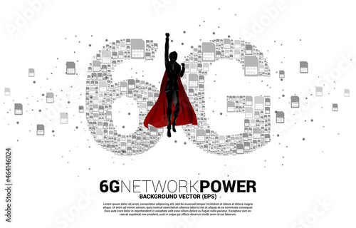 Silhouette of man in superhero suit with 6G from mobile sim card networking. Concept for power of mobile telecommunication global network.