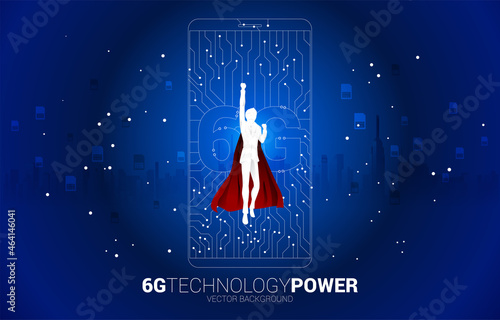 Silhouette of man in superhero suit flying with 6G dot connect line circuit board style mobile phone icon. Concept for data transfer of mobile data network.