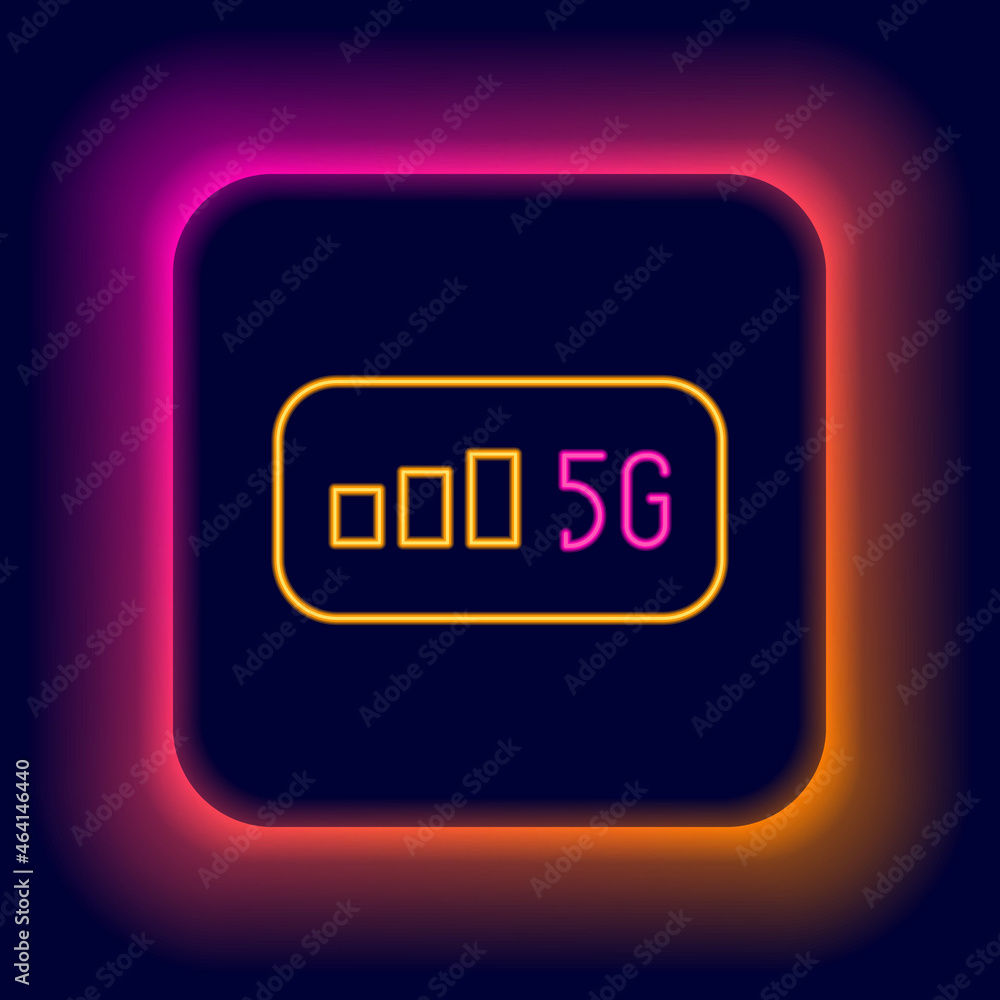 Glowing neon line 5G new wireless internet wifi connection icon isolated on black background. Global network high speed connection data rate technology. Colorful outline concept. Vector Glowing neon line 5G new wireless internet wifi connection icon isolated on black background. Global network high speed connection data rate technology. Colorful outline concept. Vector