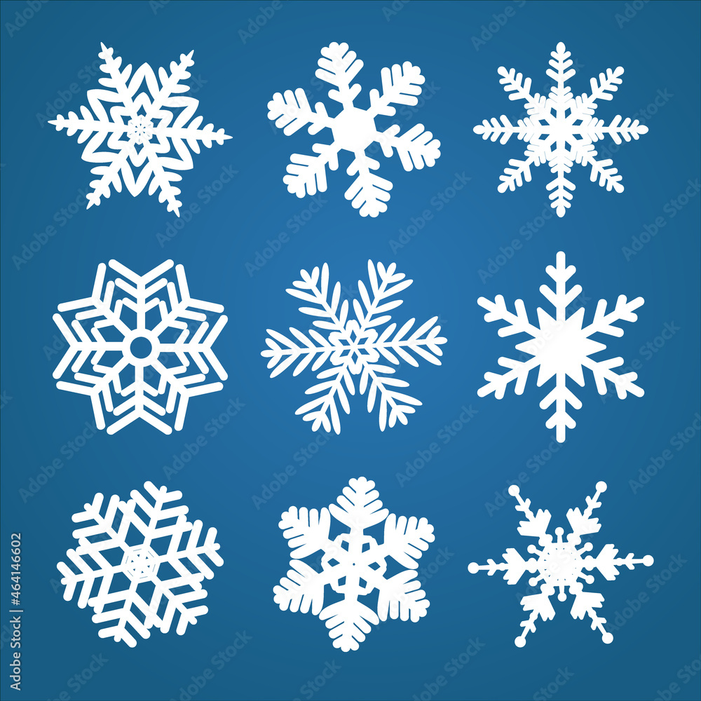 Vector snowflakes winter set of white isolated icon silhouettes on blue background Vector snowflakes winter set of white isolated icon silhouettes on blue background