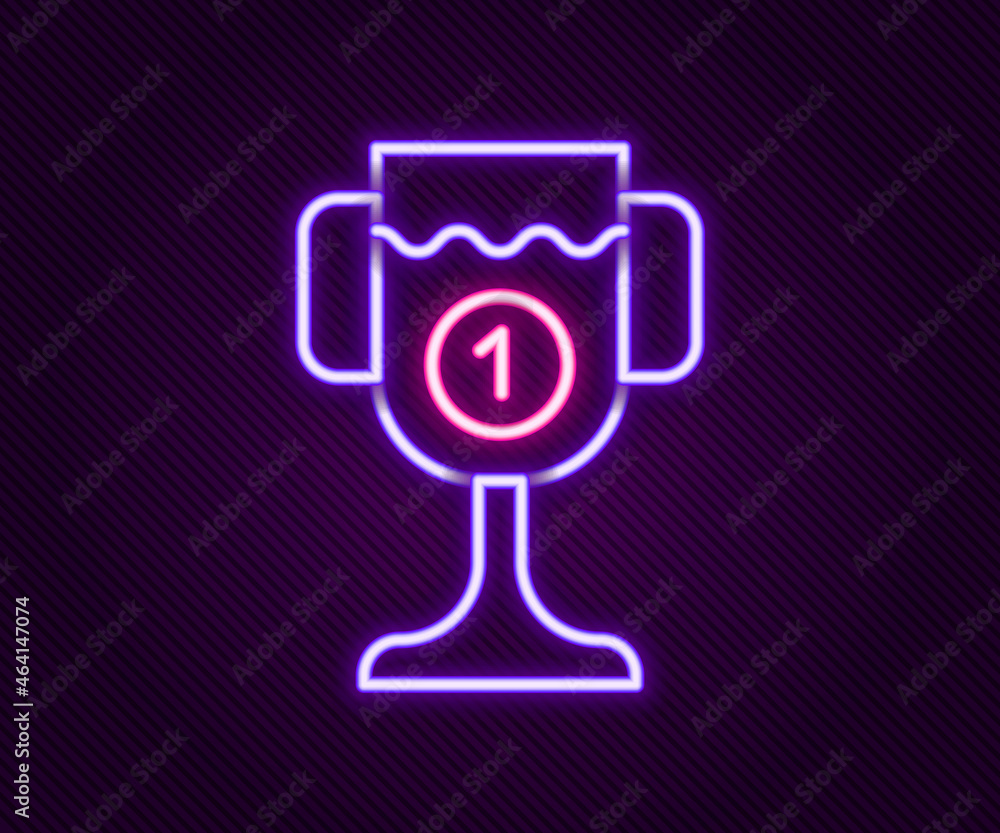 Glowing neon line Award cup icon isolated on black background. Winner trophy symbol. Championship or competition trophy. Sports achievement sign. Colorful outline concept. Vector Glowing neon line Award cup icon isolated on black background. Winner trophy symbol. Championship or competition trophy. Sports achievement sign. Colorful outline concept. Vector