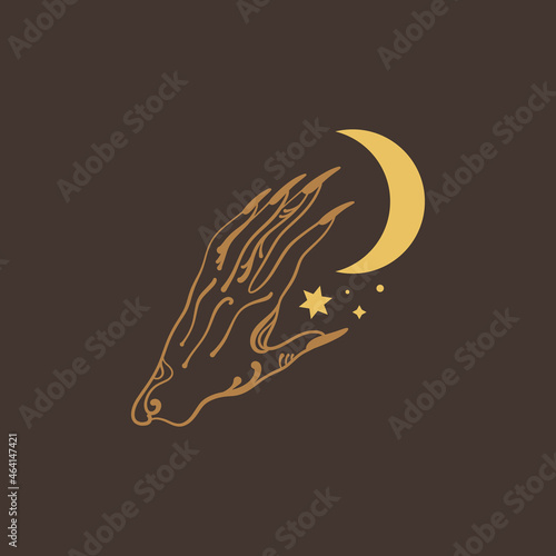 Magical witch hand. Arm holding crescent moon. Boho mystical style.