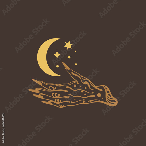 Magical witch hand. Arm holding crescent moon. Boho mystical style.
