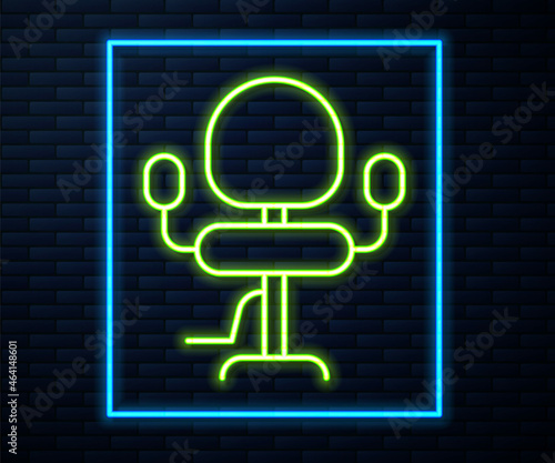 Glowing neon line Barbershop chair icon isolated on brick wall background. Barber armchair sign. Vector