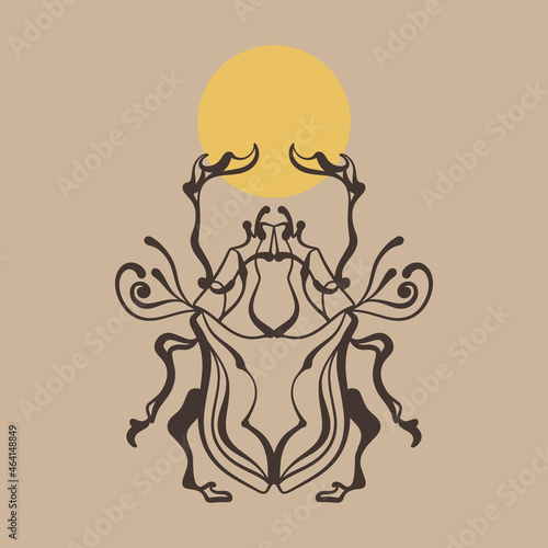 Magic Scarab beetle spiritual animal. Modern witchcraft mystic logo. Mystical magical astrology moon symbol. Flat line ornate art.