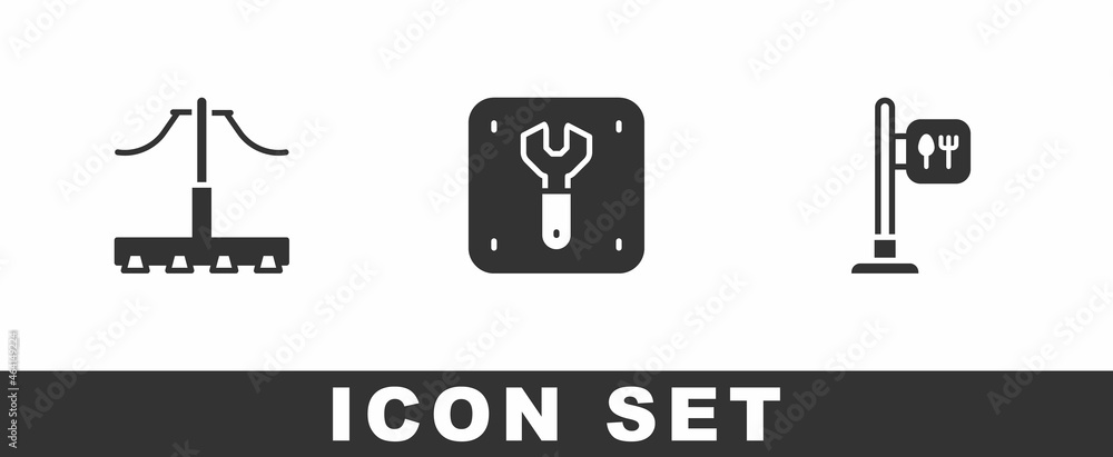 Set Railway, Repair of railway and Cafe and restaurant location icon. Vector Set Railway, Repair of railway and Cafe and restaurant location icon. Vector