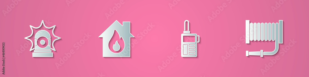Set paper cut Flasher siren, Fire in burning house, Walkie talkie and hose reel icon. Paper art style. Vector Set paper cut Flasher siren, Fire in burning house, Walkie talkie and hose reel icon. Paper art style. Vector