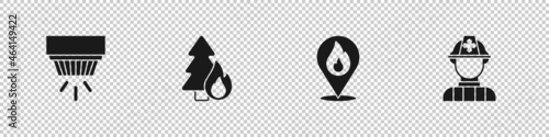 Set Smoke alarm system, Burning forest tree, Location with fire flame and Firefighter icon. Vector