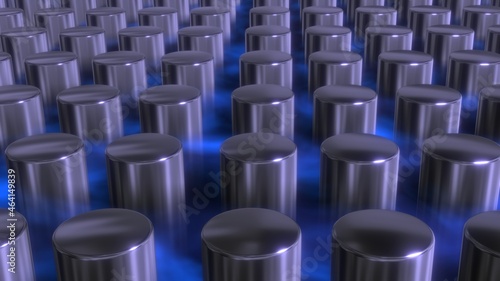 Nuclear fuel rods. Fuel cells. Nuclear reactor, power plant fuel rods in cooling pool . Shiny silver chrome tanks . Cylinder array . 3d render illustration photo