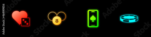 Set Game dice, Lottery ball on bingo card, Online poker table game and Casino chips icon. Vector