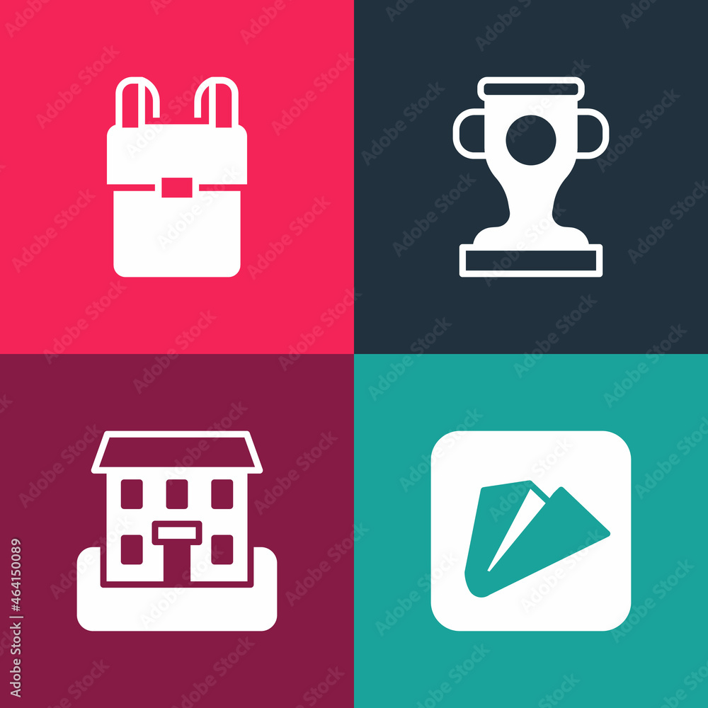 Set pop art Paper airplane, School building, Award cup and backpack icon. Vector Set pop art Paper airplane, School building, Award cup and backpack icon. Vector