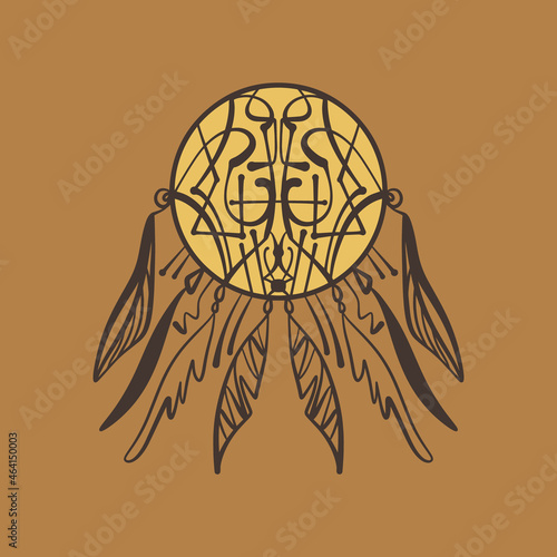 Boho magical dreamcatcher. Fathers and branches. Native American Indian symbol. Boho talisman design, tattoo art.