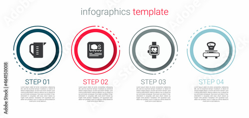 Set Measuring cup, Area measurement, Smart watch and Scales. Business infographic template. Vector