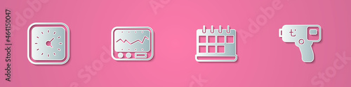Set paper cut Clock, Measuring instrument, Calendar and Digital thermometer icon. Paper art style. Vector
