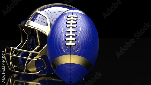 American football Gold-Blue helmet and Gold-Red Ball under black laser lighting. 3D illustration. 3D CG. 3D high quality rendering.