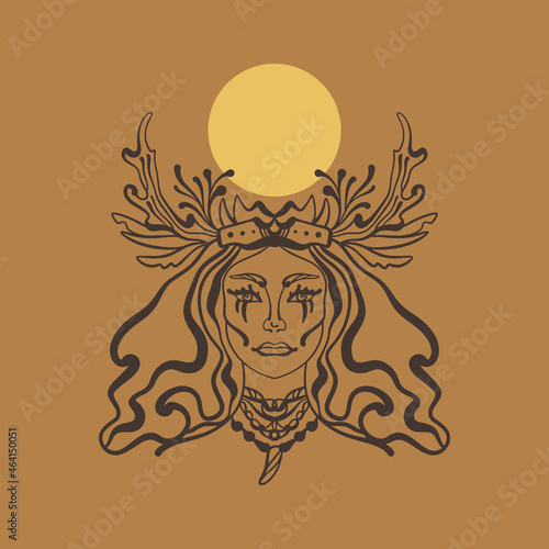 Shaman woman witch. Magical girl. Fantasy boho art.