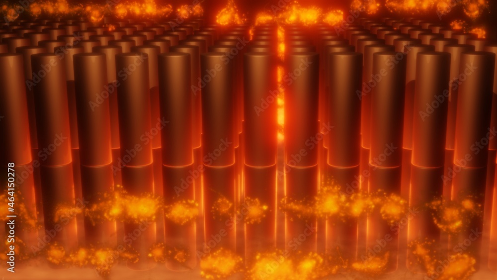 Glowing hot nuclear reactor, power plant fuel rods overheating
