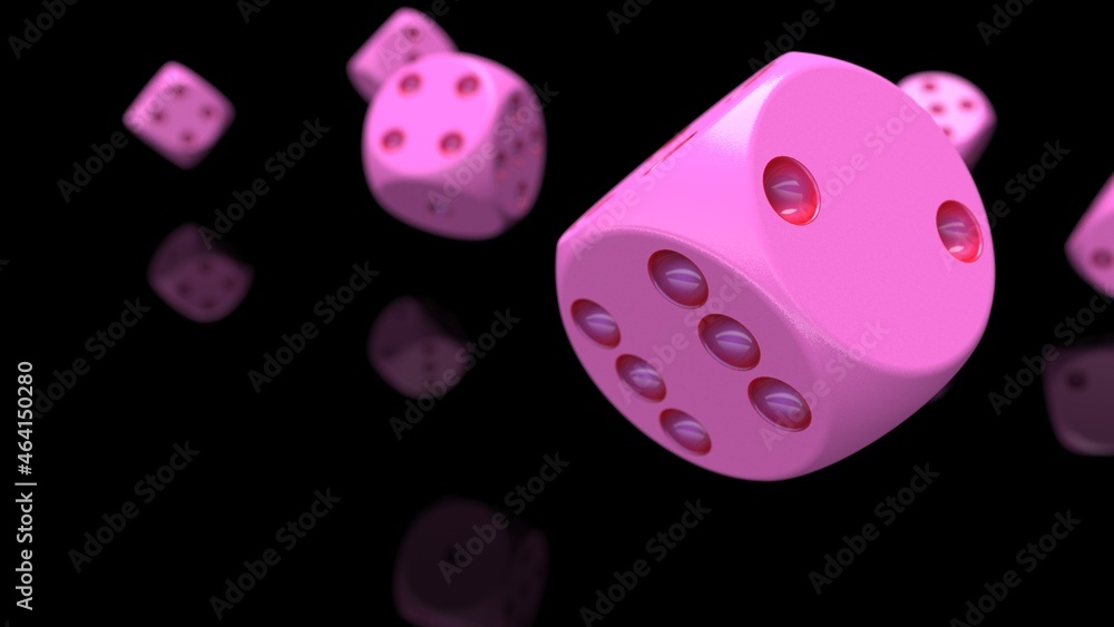 Rolling pink-red dices under black-white flash background. 3D CG. 3D illustration. 3D high quality rendering. Rolling pink-red dices under black-white flash background. 3D CG. 3D illustration. 3D high quality rendering.