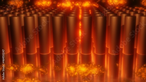 Glowing hot nuclear reactor  power plant fuel rods overheating. Cylindrical fuel cell batteries about to explode. Battery with yellow   red  orange radiation heat glow effect. 3d render illustration