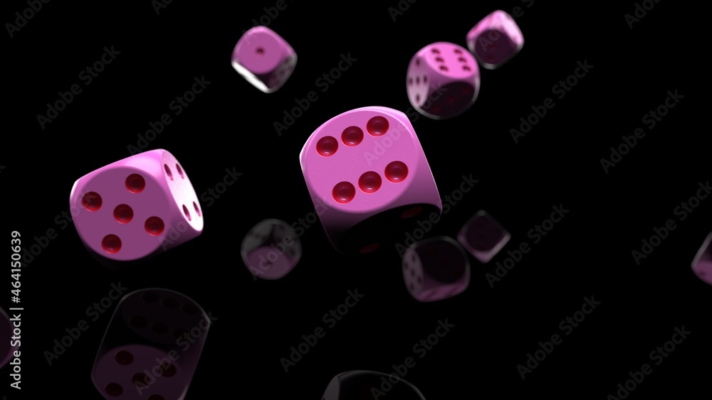 Rolling pink-red dices under black-white flash background. 3D CG. 3D illustration. 3D high quality rendering. Rolling pink-red dices under black-white flash background. 3D CG. 3D illustration. 3D high quality rendering.