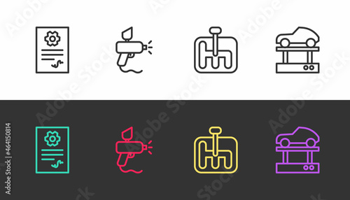 Set line Auto service check automotive, Paint spray gun, Gear shifter and Repair car on lift on black and white. Vector