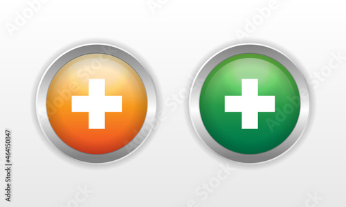 Plus medical glass sign icon green and orange shiny button. ui website button. - Vector.