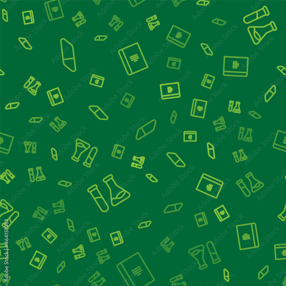 Set line Eraser or rubber, Test tube and flask and Spiral notebook on seamless pattern. Vector Set line Eraser or rubber, Test tube and flask and Spiral notebook on seamless pattern. Vector