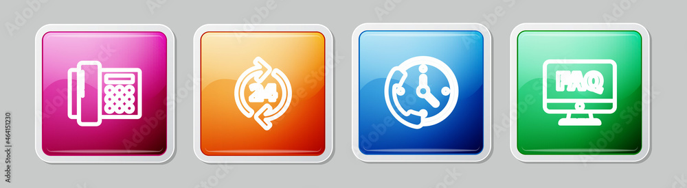 Set line Telephone, 24 hours support, and Computer monitor and FAQ. Colorful square button. Vector Set line Telephone, 24 hours support, and Computer monitor and FAQ. Colorful square button. Vector