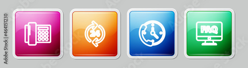 Set line Telephone, 24 hours support, and Computer monitor and FAQ. Colorful square button. Vector
