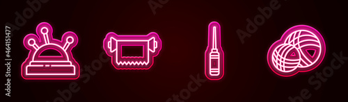 Set line Needle bed and needles, Textile fabric roll, Awl tool and Yarn ball. Glowing neon icon. Vector