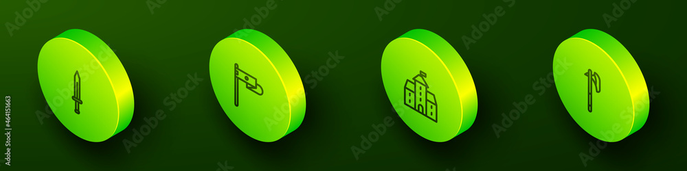 Set Isometric line Medieval sword, flag, Castle, fortress and axe icon. Vector Set Isometric line Medieval sword, flag, Castle, fortress and axe icon. Vector