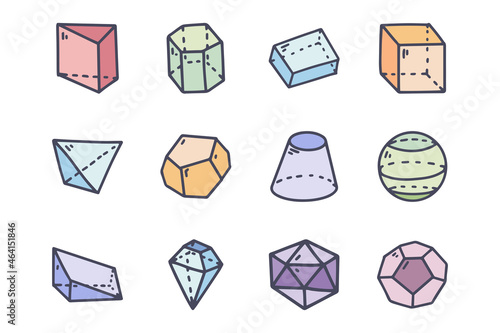 Geometric solids color vector doodle simple icon set