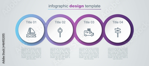 Set line Yacht sailboat, Road traffic signpost, TV News car and . Business infographic template. Vector