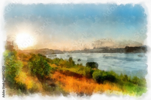 The landscape of the Mekong River Thailand watercolor style illustration impressionist painting. © Kittipong