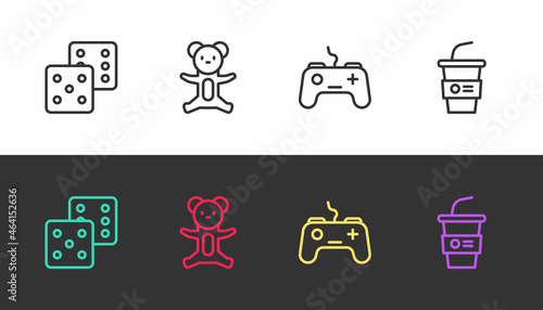 Set line Game dice, Teddy bear plush toy, Gamepad and Paper glass with water on black and white. Vector