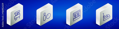 Set Isometric line Fast street food cart, Bowling pin and ball, Shooting gallery and Bumper icon. Vector