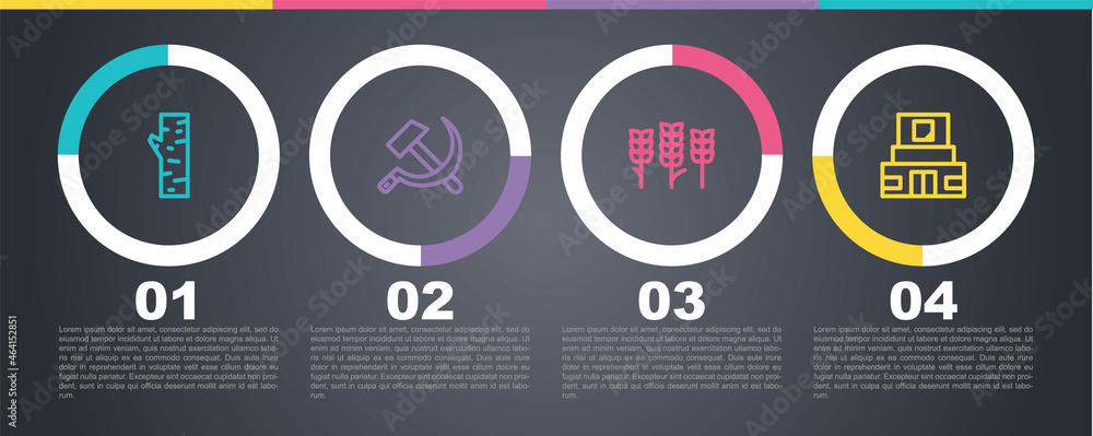 Set line Birch tree, Hammer and sickle USSR, Wheat and Mausoleum of Lenin. Business infographic template. Vector Set line Birch tree, Hammer and sickle USSR, Wheat and Mausoleum of Lenin. Business infographic template. Vector