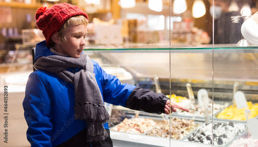 Portrait of interested tween boy in warm clothes pointing to ice cream display case asking to buy favorite treat for him