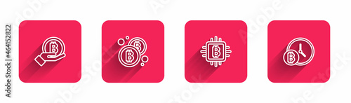 Set line Hand holding Bitcoin, , CPU mining farm and with clock with long shadow. Red square button. Vector