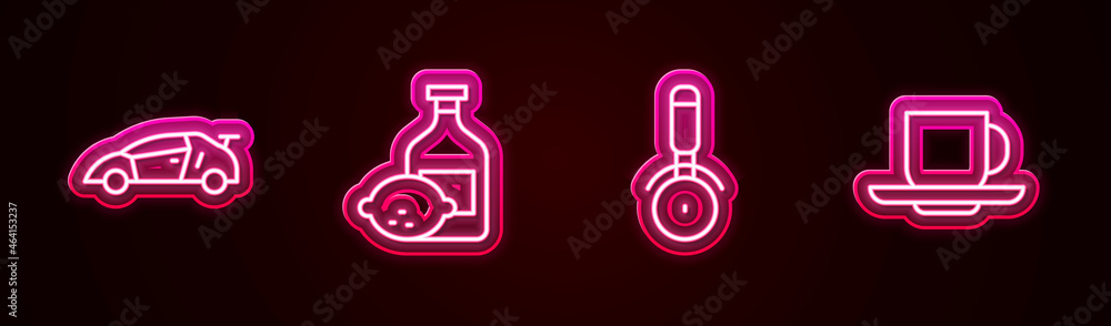 Set line Sport racing car, Limoncello bottle, Pizza knife and Coffee cup. Glowing neon icon. Vector Set line Sport racing car, Limoncello bottle, Pizza knife and Coffee cup. Glowing neon icon. Vector
