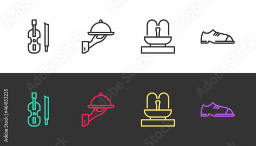 Set line Violin, Covered with tray of food, Fountain and Men shoes on black and white. Vector