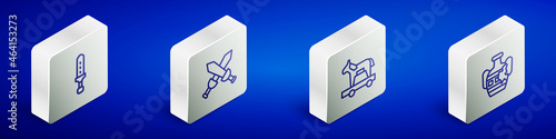 Set Isometric line Medieval sword, Crossed medieval, Trojan horse and Broken amphorae icon. Vector